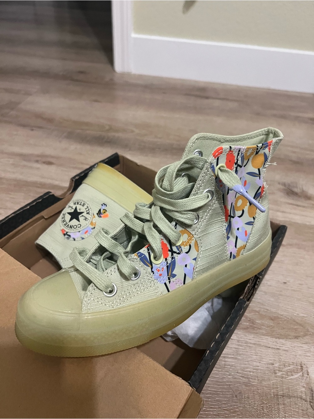 Converse High Top Sneakers in Sage Green with Floral Accents